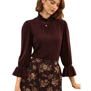BA&SH Victorian Sinto Silk Ruffle Mock Neck Sweater M Bordeaux Romantic Academia